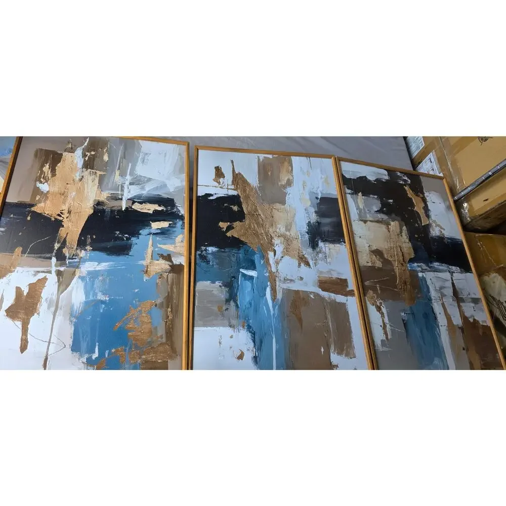 Navy Blue Gold Abstract Framed Canvas Wall Art Set 16x24 Triptych Decor. New OB